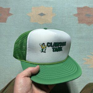 Vintage trucker hat mesh cap Clawson tank Michigan oil gas green white snap
